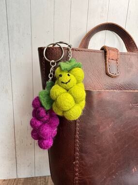 Set of 2!! Grapes Fruit Bag Charm Fun Felted Wool Purse Charm Green Purple Charm